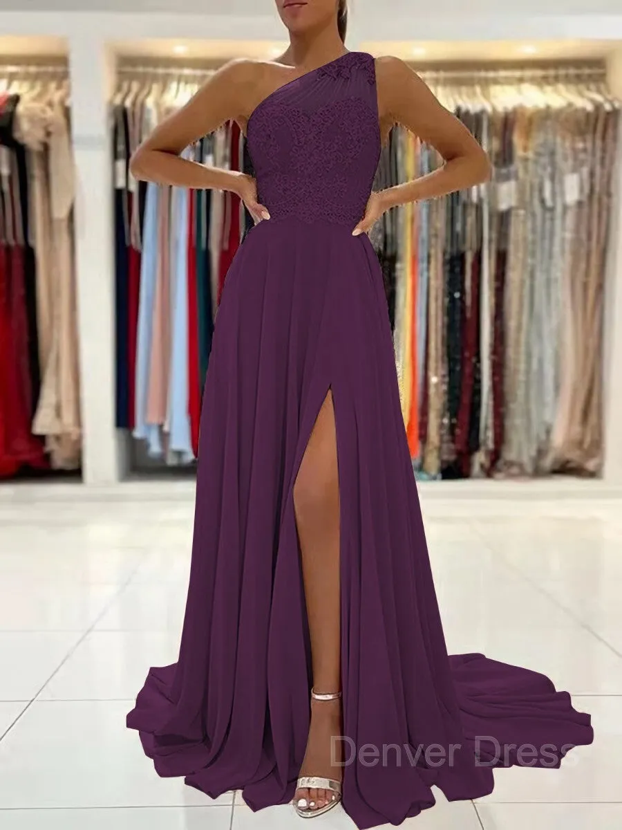 A-Line One-Shoulder Sweep Train Chiffon Prom Dresses With Leg Slit