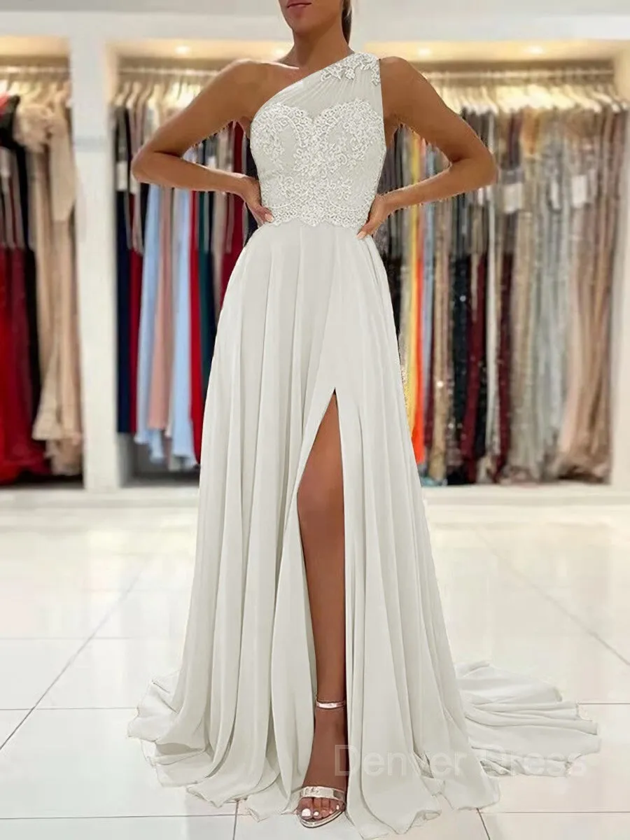 A-Line One-Shoulder Sweep Train Chiffon Prom Dresses With Leg Slit