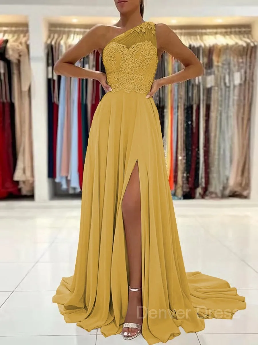 A-Line One-Shoulder Sweep Train Chiffon Prom Dresses With Leg Slit