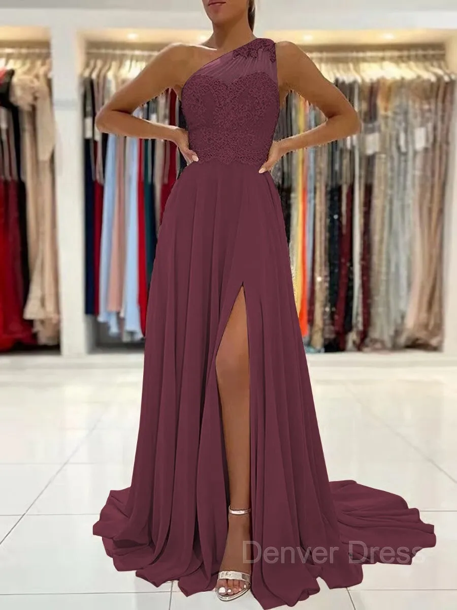 A-Line One-Shoulder Sweep Train Chiffon Prom Dresses With Leg Slit