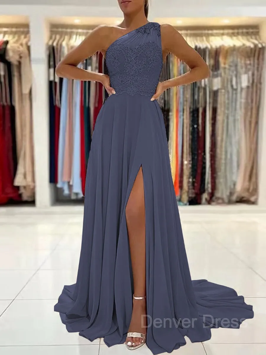 A-Line One-Shoulder Sweep Train Chiffon Prom Dresses With Leg Slit