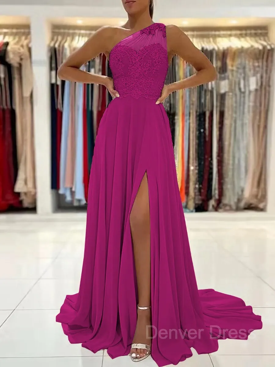 A-Line One-Shoulder Sweep Train Chiffon Prom Dresses With Leg Slit