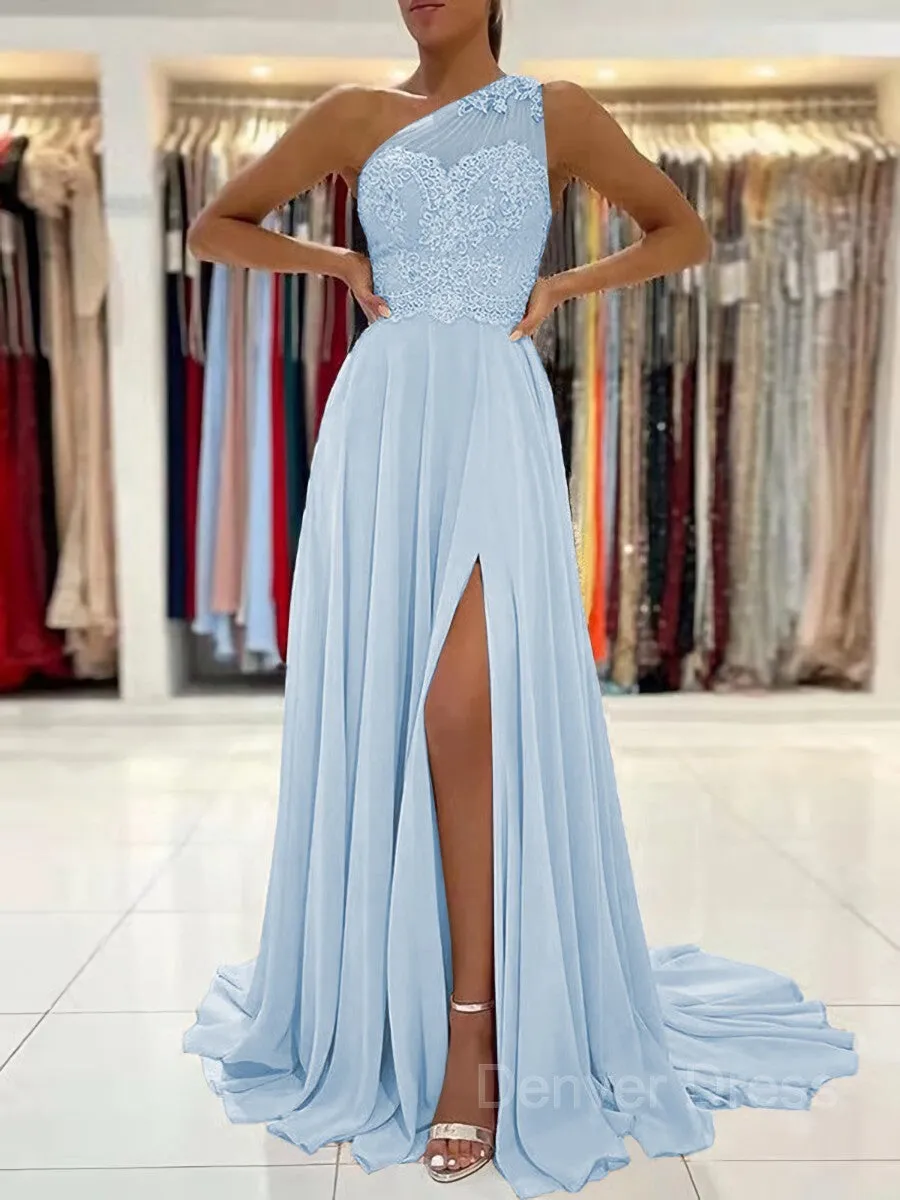 A-Line One-Shoulder Sweep Train Chiffon Prom Dresses With Leg Slit