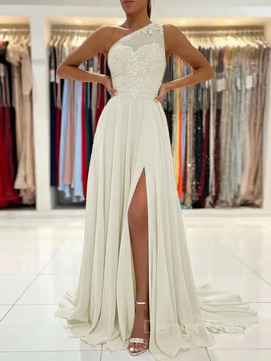 A-Line One-Shoulder Sweep Train Chiffon Prom Dresses With Leg Slit
