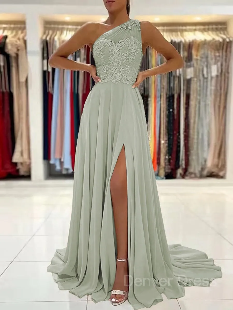 A-Line One-Shoulder Sweep Train Chiffon Prom Dresses With Leg Slit