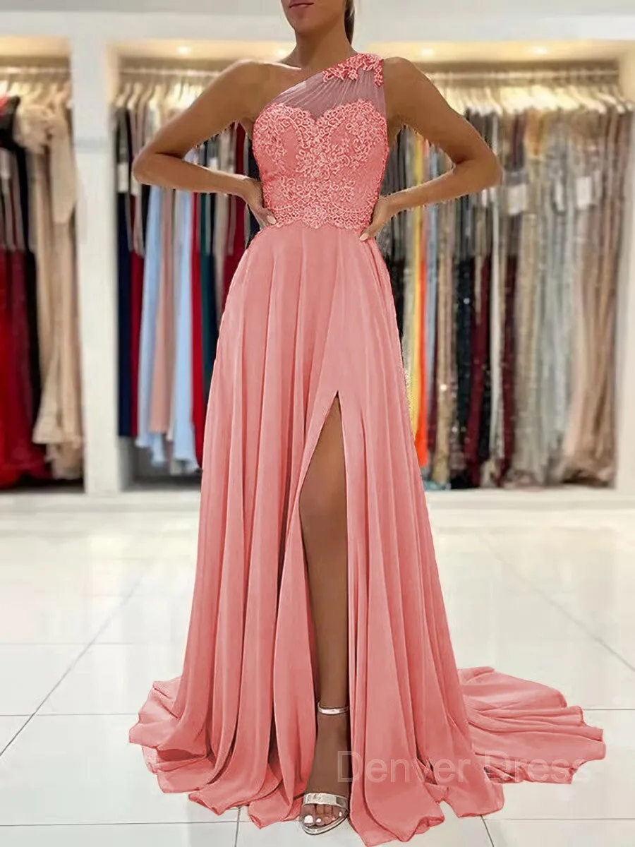 A-Line One-Shoulder Sweep Train Chiffon Prom Dresses With Leg Slit