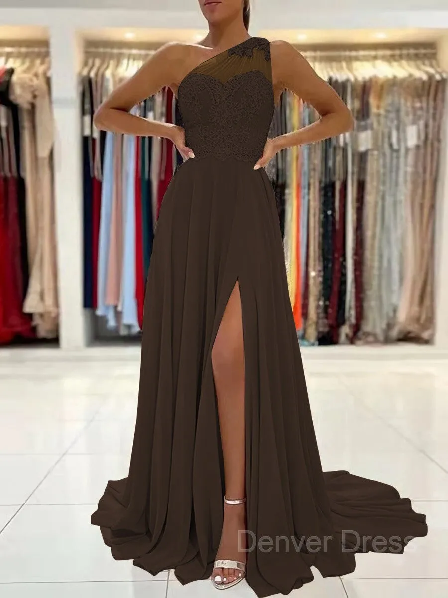 A-Line One-Shoulder Sweep Train Chiffon Prom Dresses With Leg Slit
