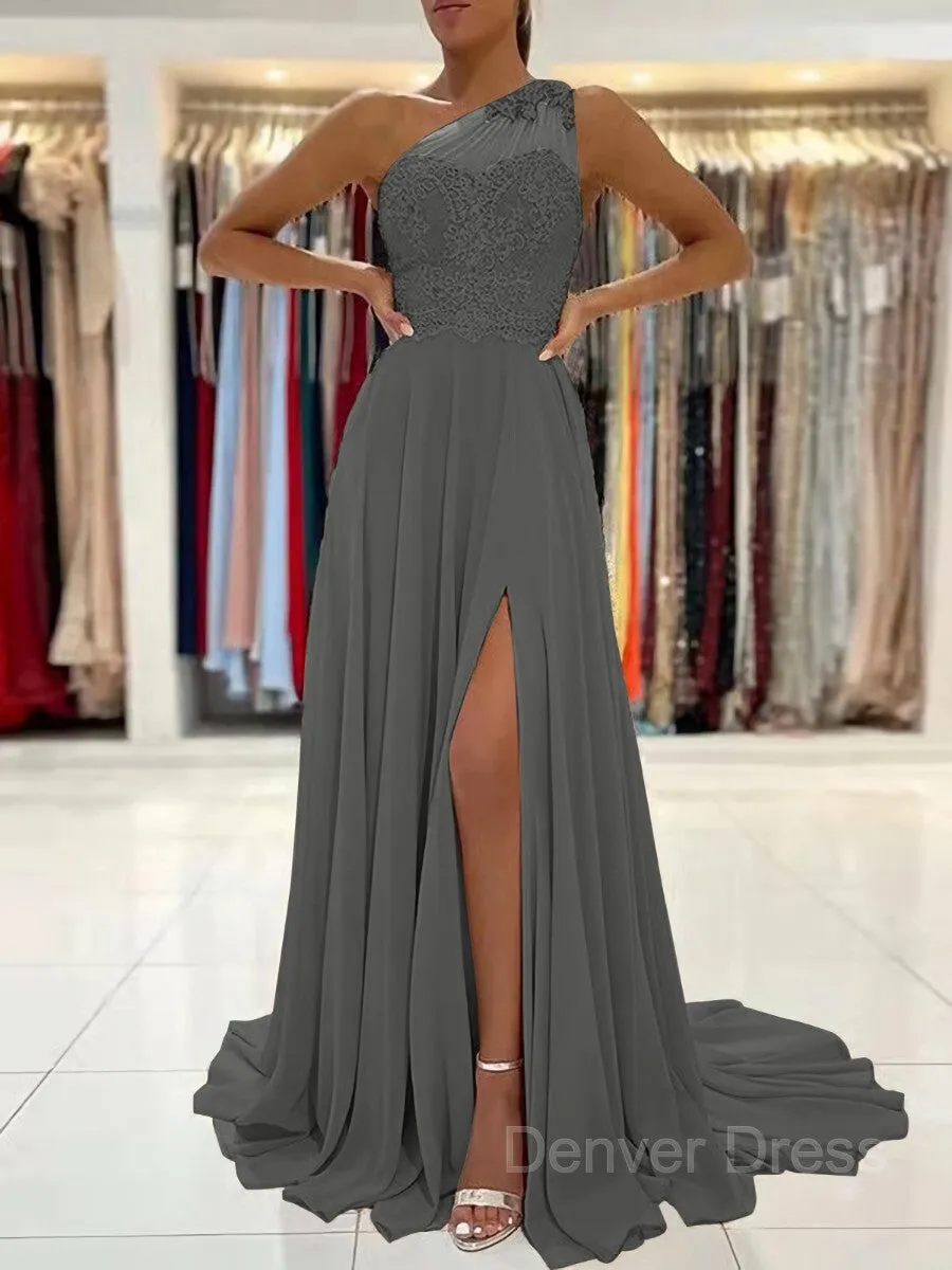 A-Line One-Shoulder Sweep Train Chiffon Prom Dresses With Leg Slit