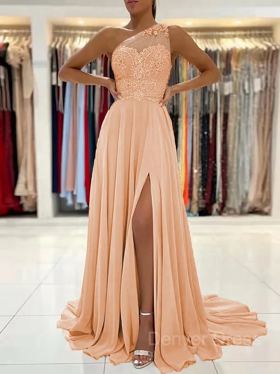 A-Line One-Shoulder Sweep Train Chiffon Prom Dresses With Leg Slit