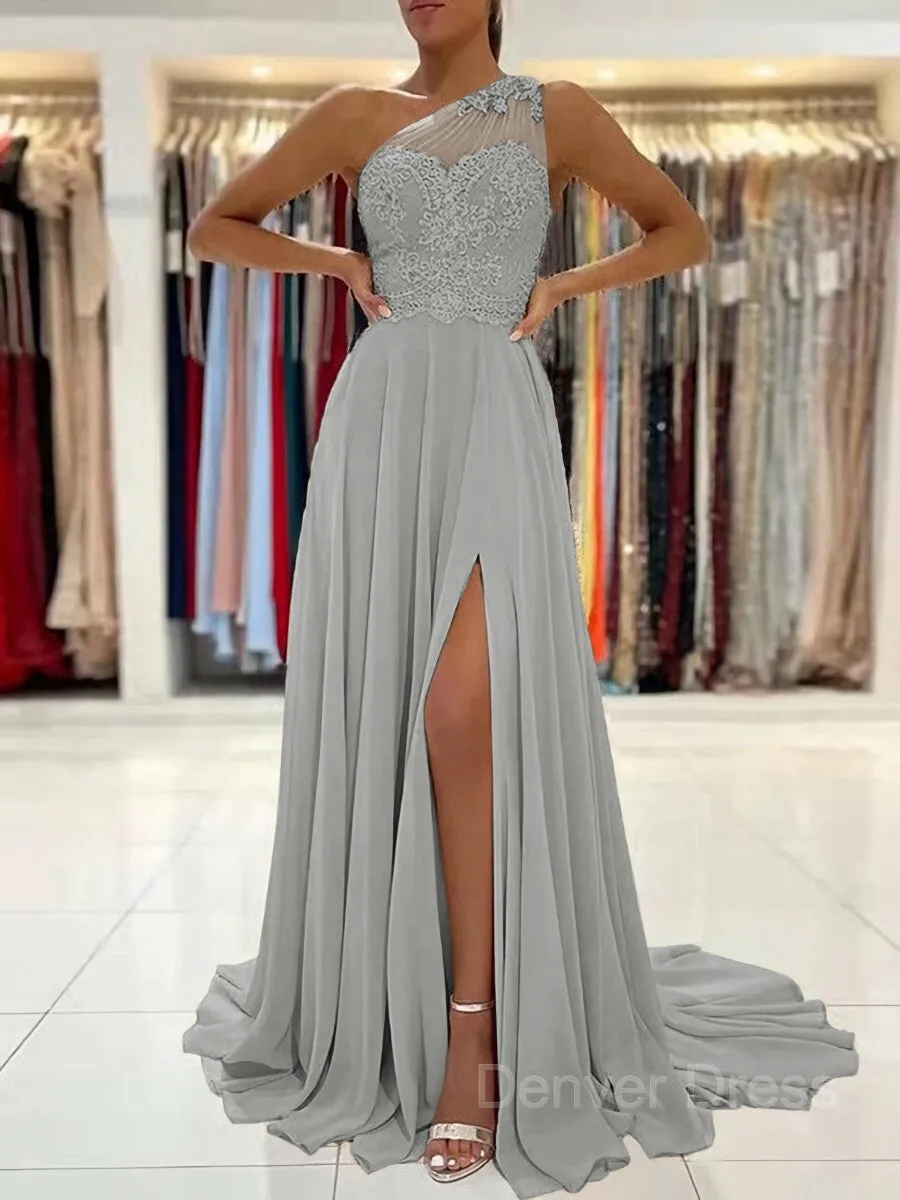 A-Line One-Shoulder Sweep Train Chiffon Prom Dresses With Leg Slit