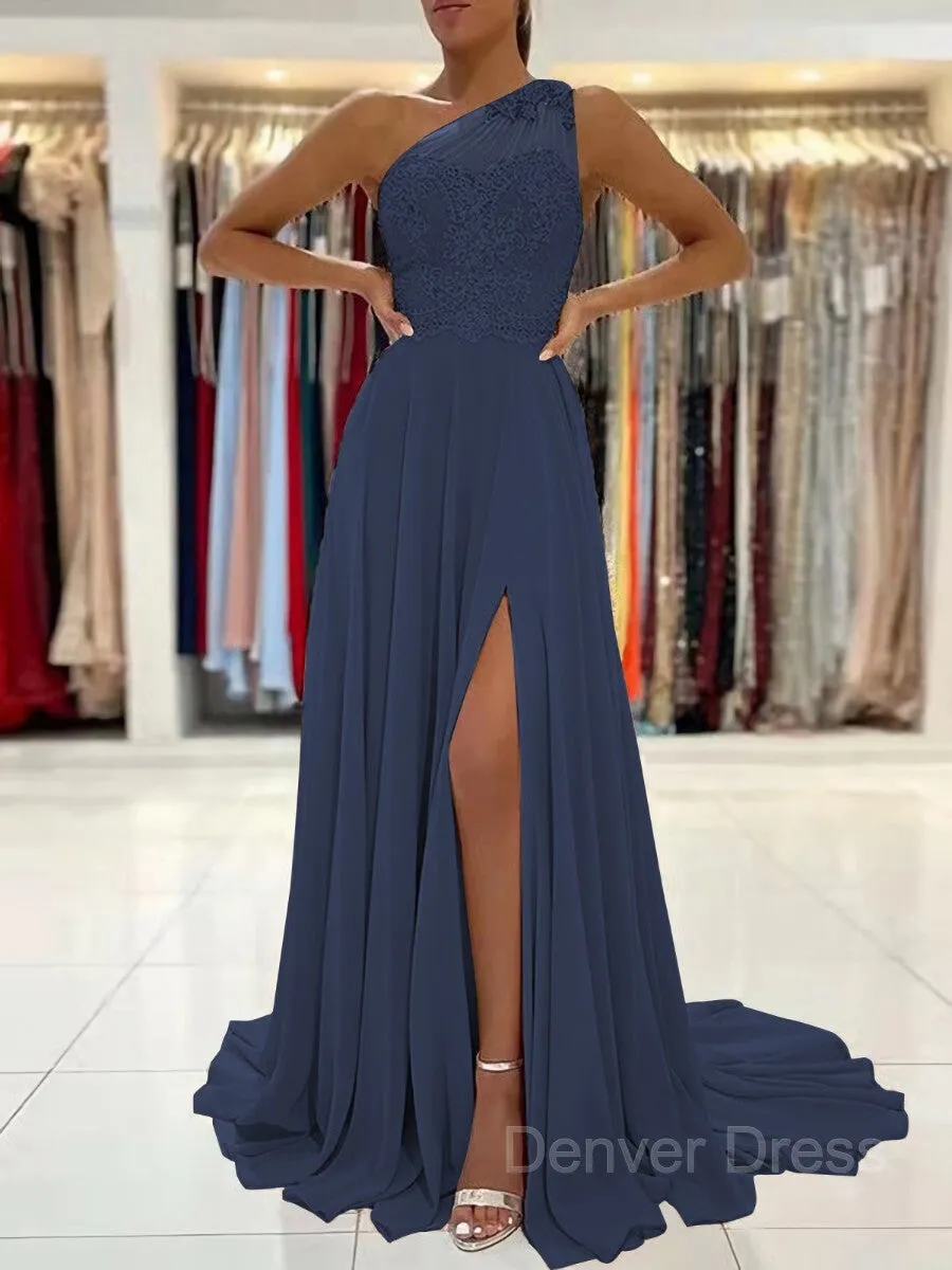A-Line One-Shoulder Sweep Train Chiffon Prom Dresses With Leg Slit