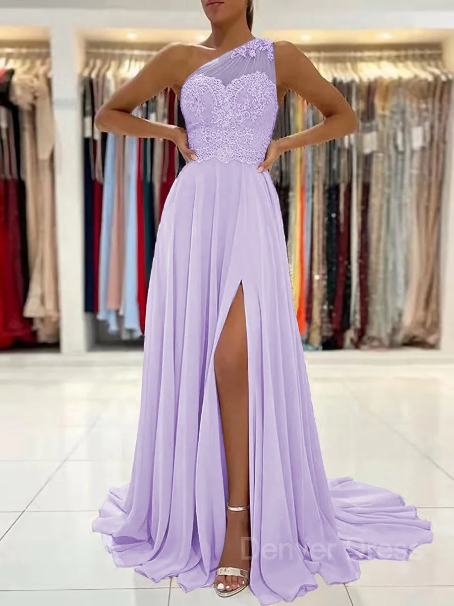 A-Line One-Shoulder Sweep Train Chiffon Prom Dresses With Leg Slit