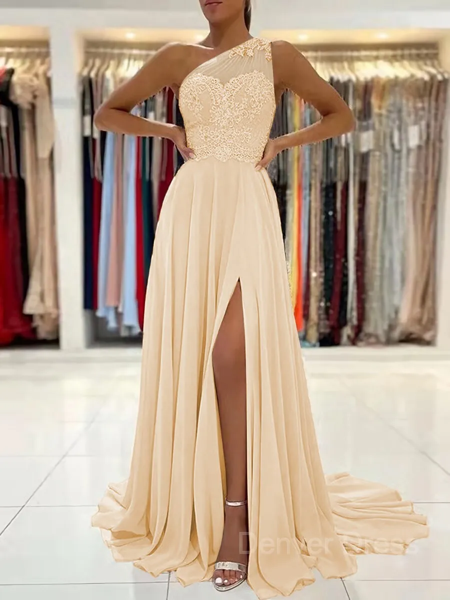 A-Line One-Shoulder Sweep Train Chiffon Prom Dresses With Leg Slit
