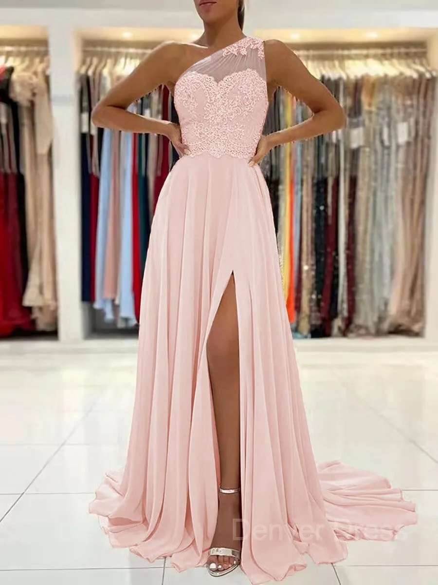 A-Line One-Shoulder Sweep Train Chiffon Prom Dresses With Leg Slit