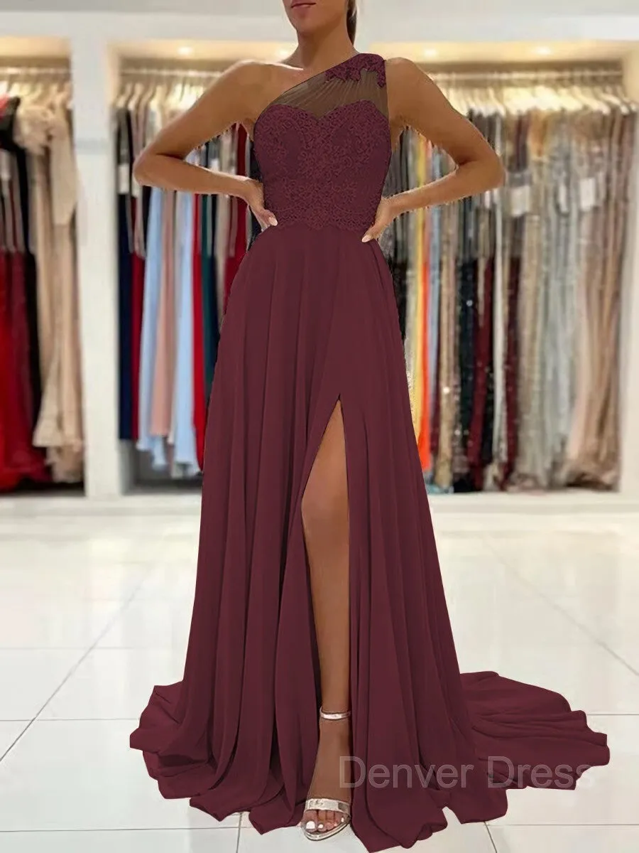A-Line One-Shoulder Sweep Train Chiffon Prom Dresses With Leg Slit