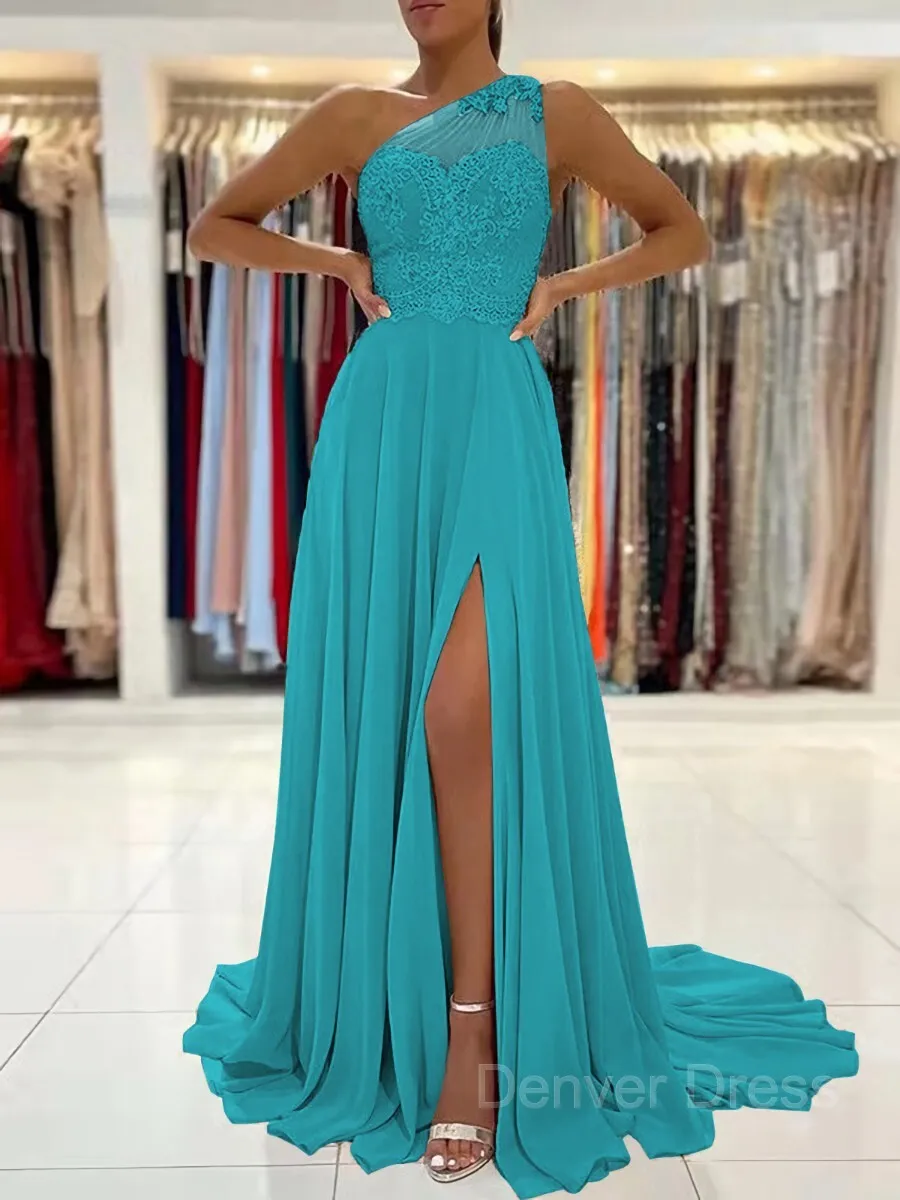 A-Line One-Shoulder Sweep Train Chiffon Prom Dresses With Leg Slit