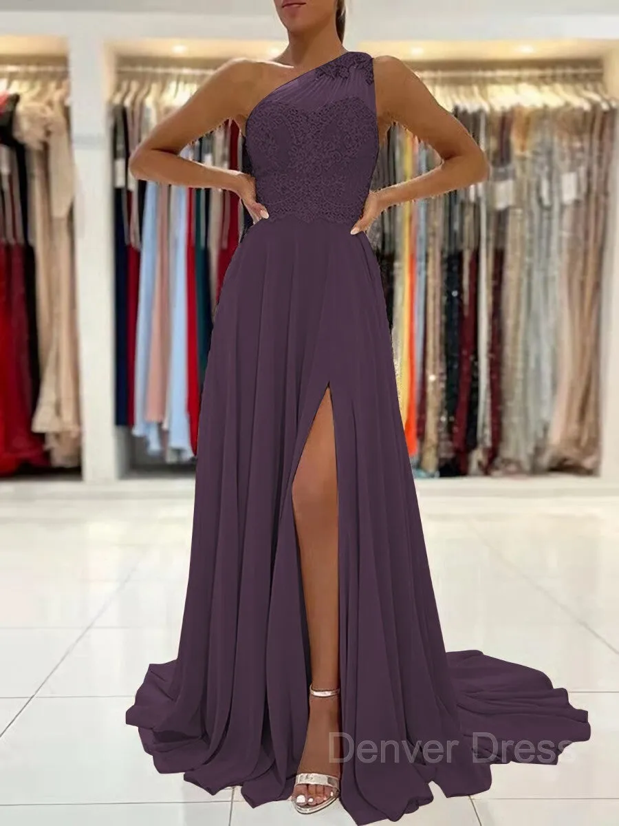 A-Line One-Shoulder Sweep Train Chiffon Prom Dresses With Leg Slit