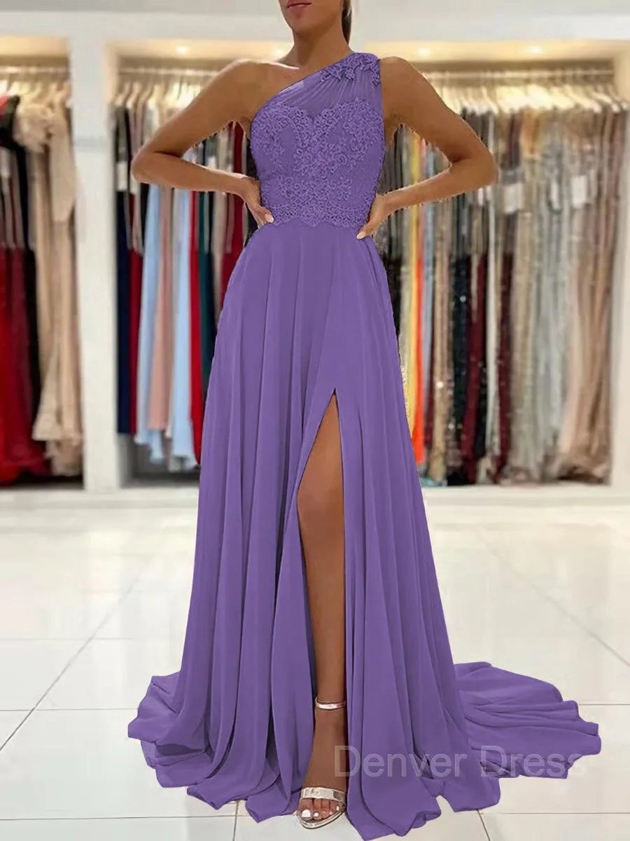 A-Line One-Shoulder Sweep Train Chiffon Prom Dresses With Leg Slit