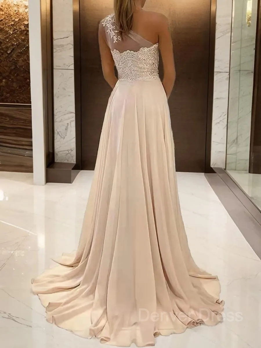 A-Line One-Shoulder Sweep Train Chiffon Prom Dresses With Leg Slit
