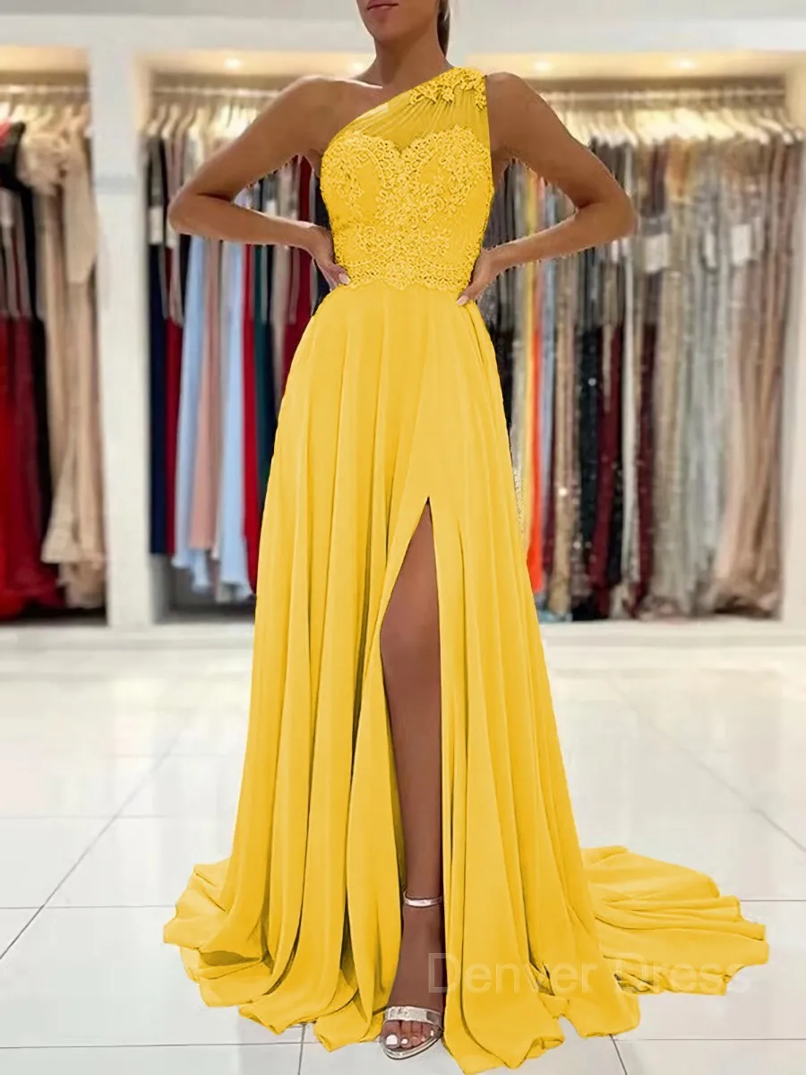 A-Line One-Shoulder Sweep Train Chiffon Prom Dresses With Leg Slit