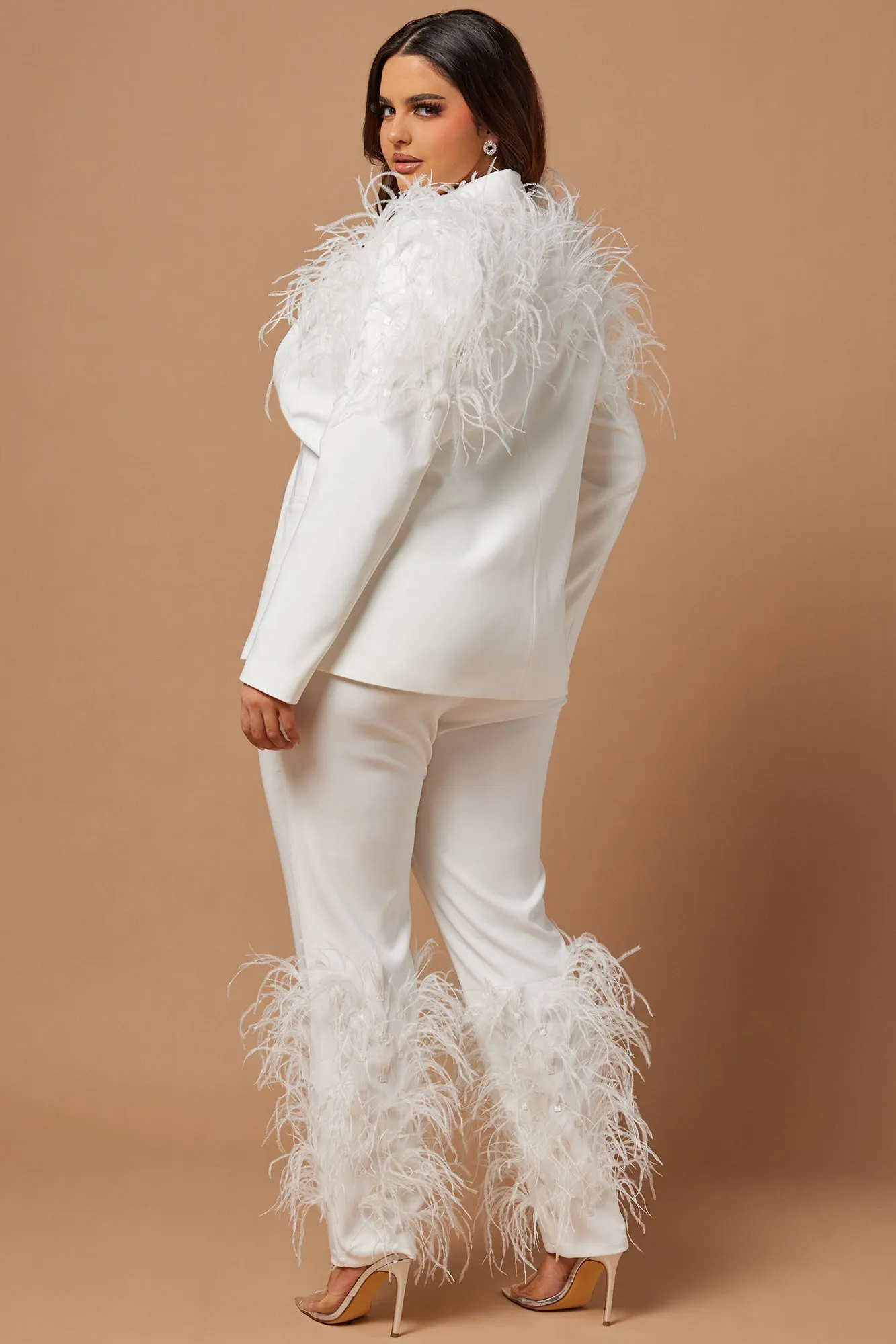 Alexis Feathered Pant Suit Set - White