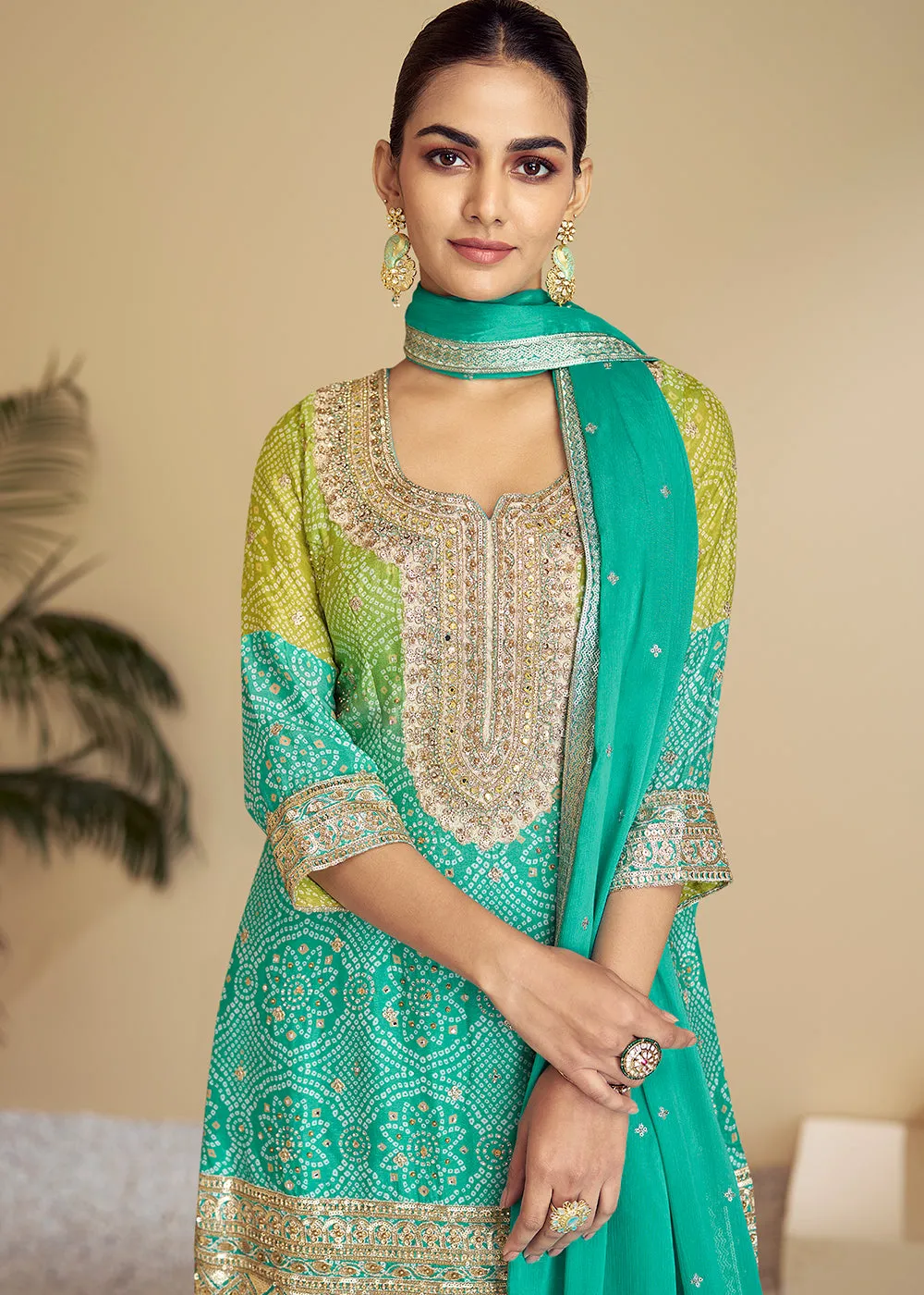 Aqua & Green Ombre Kurti Style Palazzo Style Suit