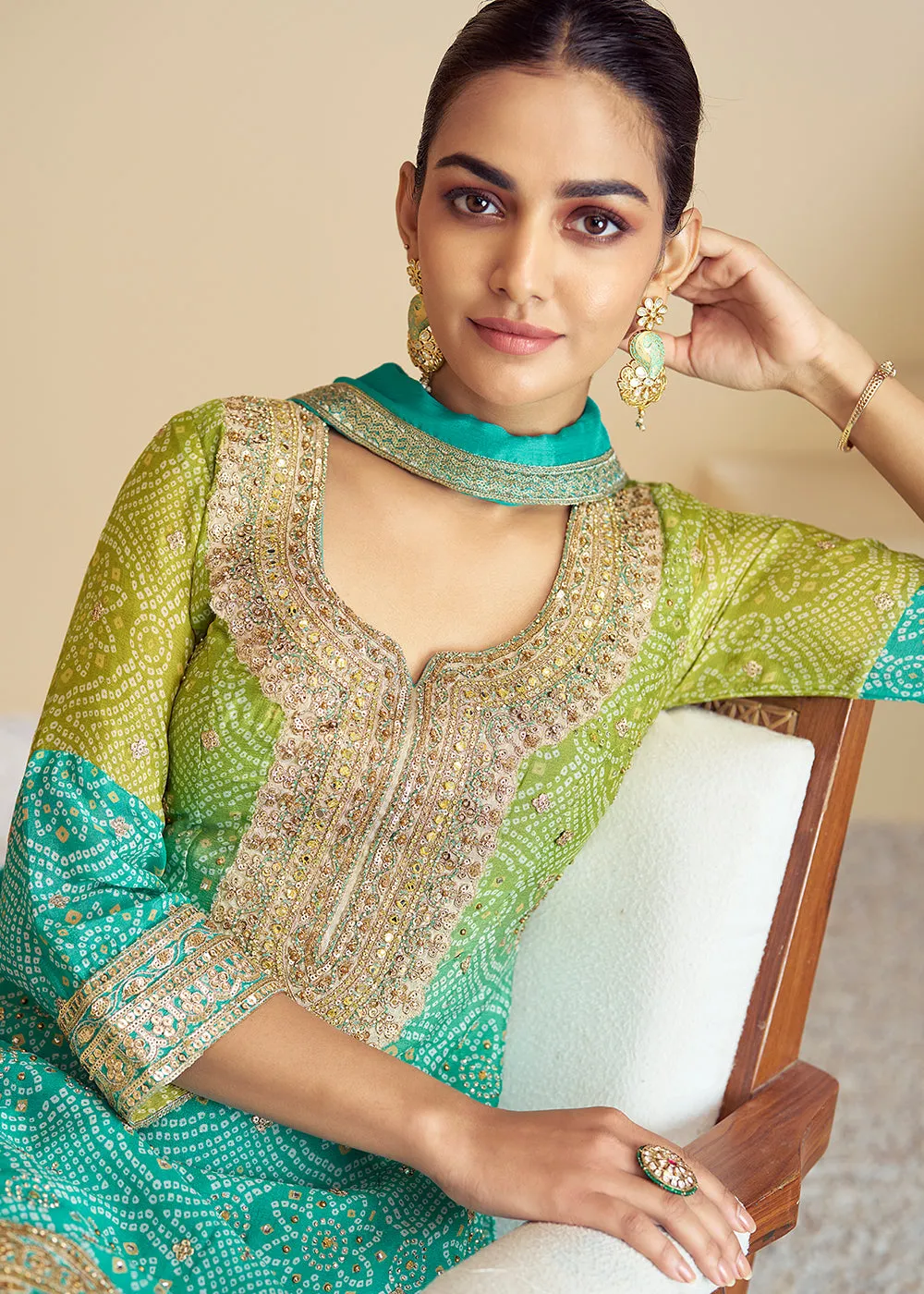 Aqua & Green Ombre Kurti Style Palazzo Style Suit