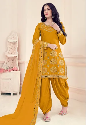 Art Silk Mustard Yellow Embroidered Punjabi Patiala Suit
