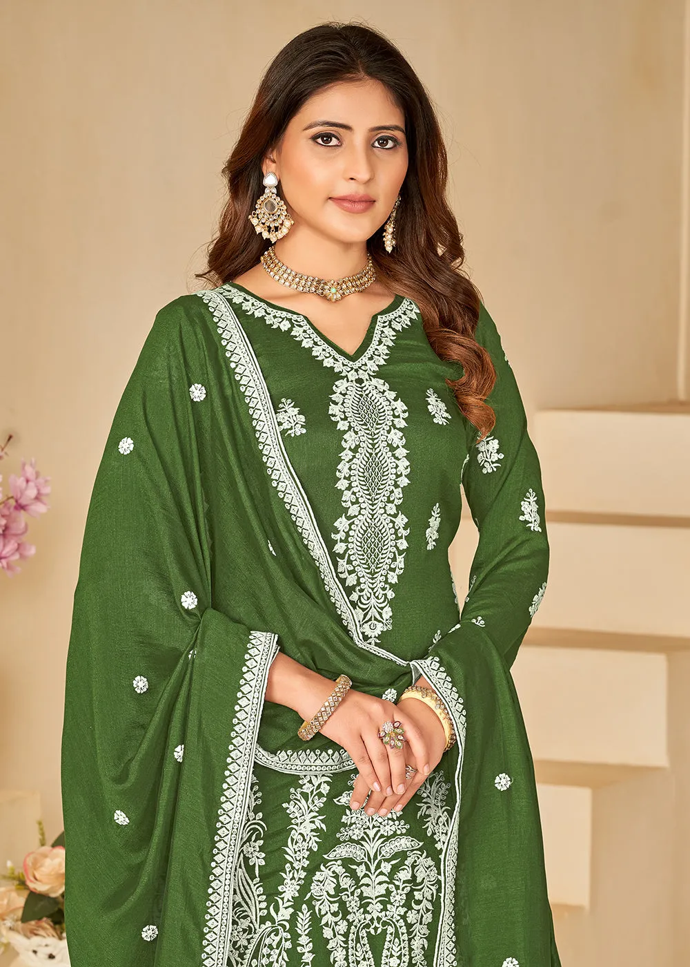 Art Silk Pretty Green Embroidered Palazzo Style Suit