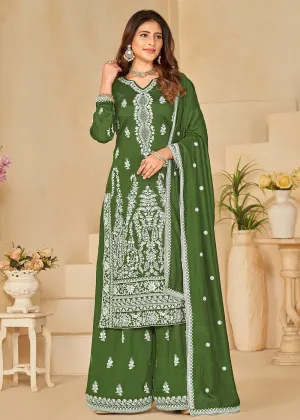 Art Silk Pretty Green Embroidered Palazzo Style Suit
