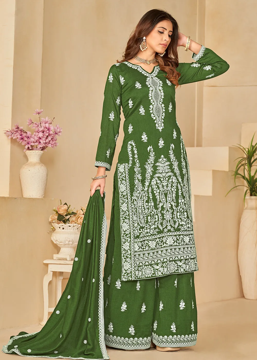 Art Silk Pretty Green Embroidered Palazzo Style Suit