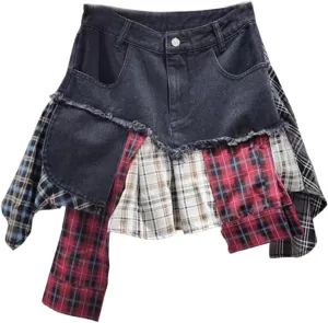 BAIMORE Women's Summer Irregular Plaid Hem Patchwork Denim Mini Skirt A-Line Button Casual