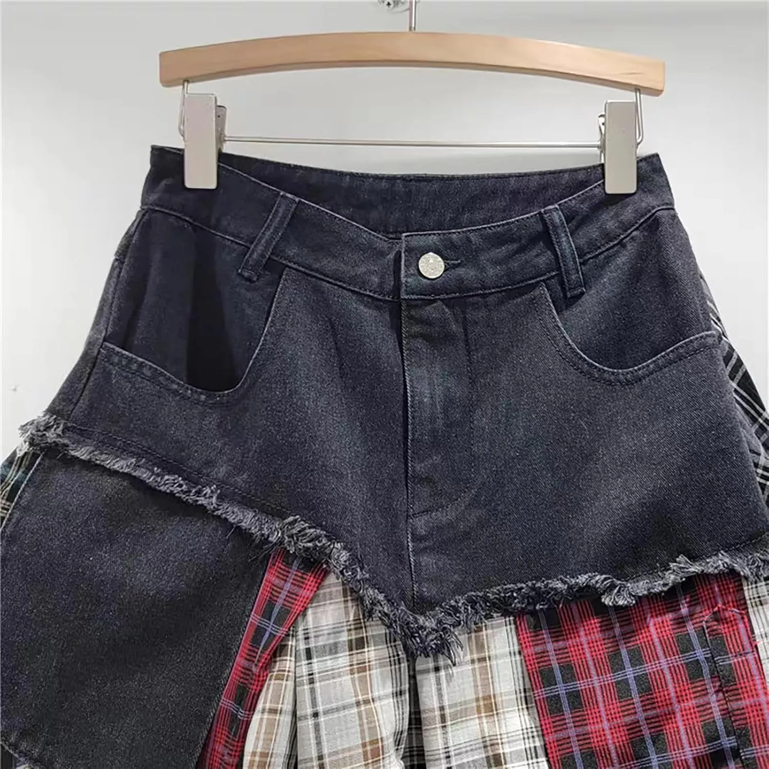 BAIMORE Women's Summer Irregular Plaid Hem Patchwork Denim Mini Skirt A-Line Button Casual