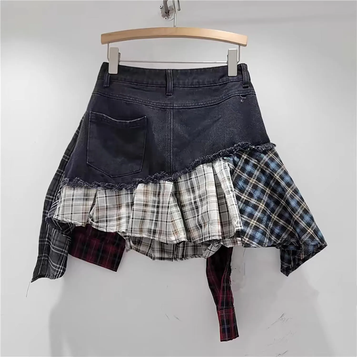 BAIMORE Women's Summer Irregular Plaid Hem Patchwork Denim Mini Skirt A-Line Button Casual