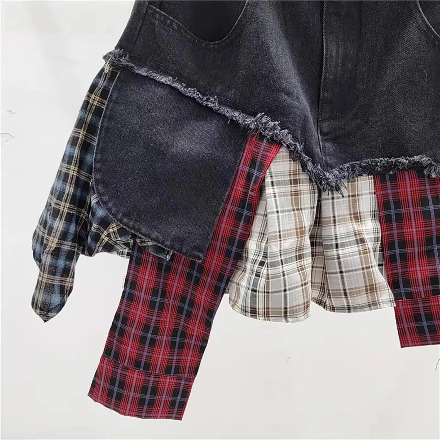 BAIMORE Women's Summer Irregular Plaid Hem Patchwork Denim Mini Skirt A-Line Button Casual