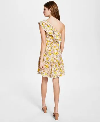 Bar III Women's Ruffled Lace Trim Lined Floral Sleeveless Asymmetrical Neckline Short Fit Flare Dress Yellow Size Medium