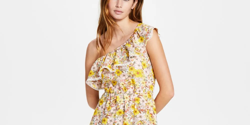 Bar III Women's Ruffled Lace Trim Lined Floral Sleeveless Asymmetrical Neckline Short Fit Flare Dress Yellow Size Medium