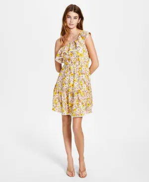 Bar III Women's Ruffled Lace Trim Lined Floral Sleeveless Asymmetrical Neckline Short Fit Flare Dress Yellow Size Medium