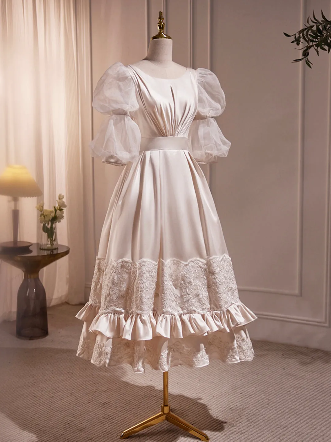 Beautiful Scoop Neck Tea Length Prom Dress A-Line Puffy Short Sleeve Backless Party Dress