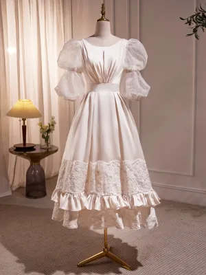 Beautiful Scoop Neck Tea Length Prom Dress A-Line Puffy Short Sleeve Backless Party Dress