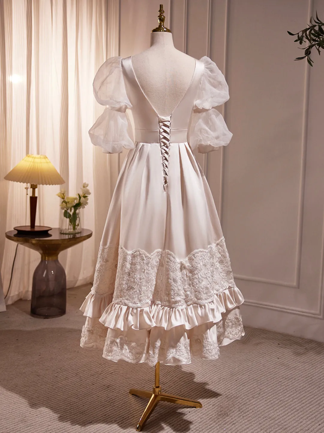 Beautiful Scoop Neck Tea Length Prom Dress A-Line Puffy Short Sleeve Backless Party Dress