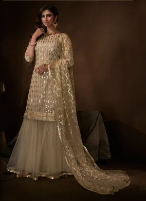 Beige Color Embroidered Designer Net Palazzo Salwar Kameez