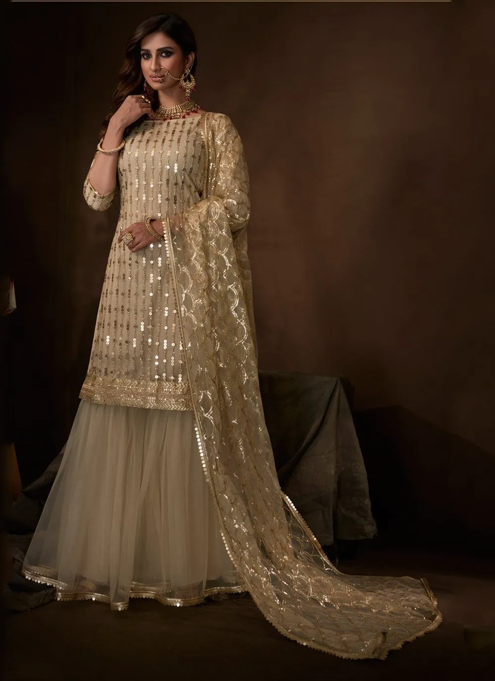 Beige Color Embroidered Designer Net Palazzo Salwar Kameez