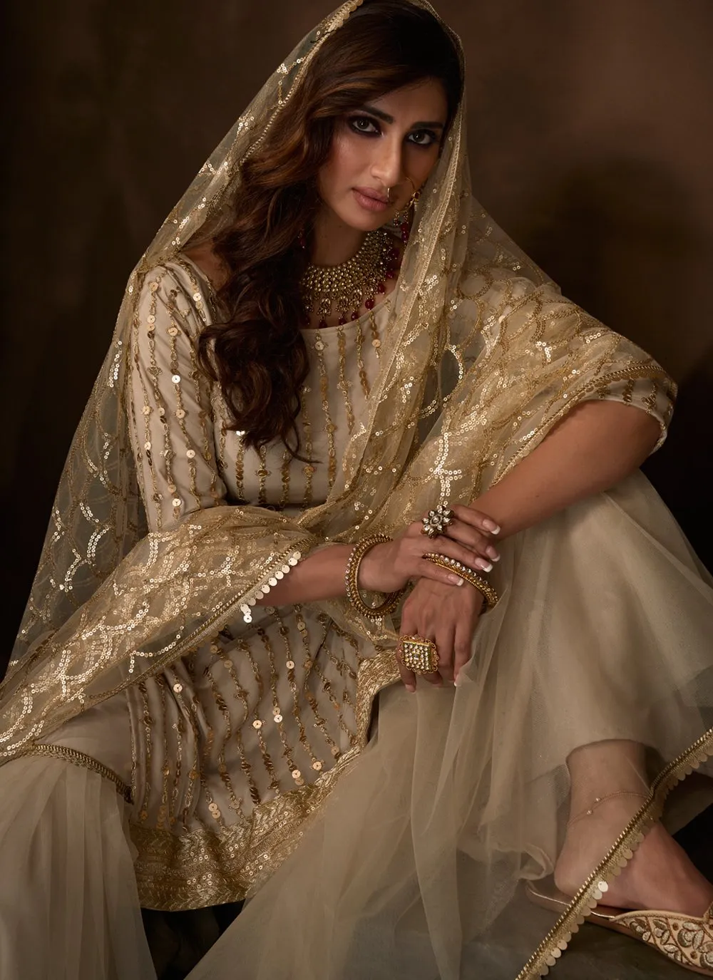 Beige Color Embroidered Designer Net Palazzo Salwar Kameez