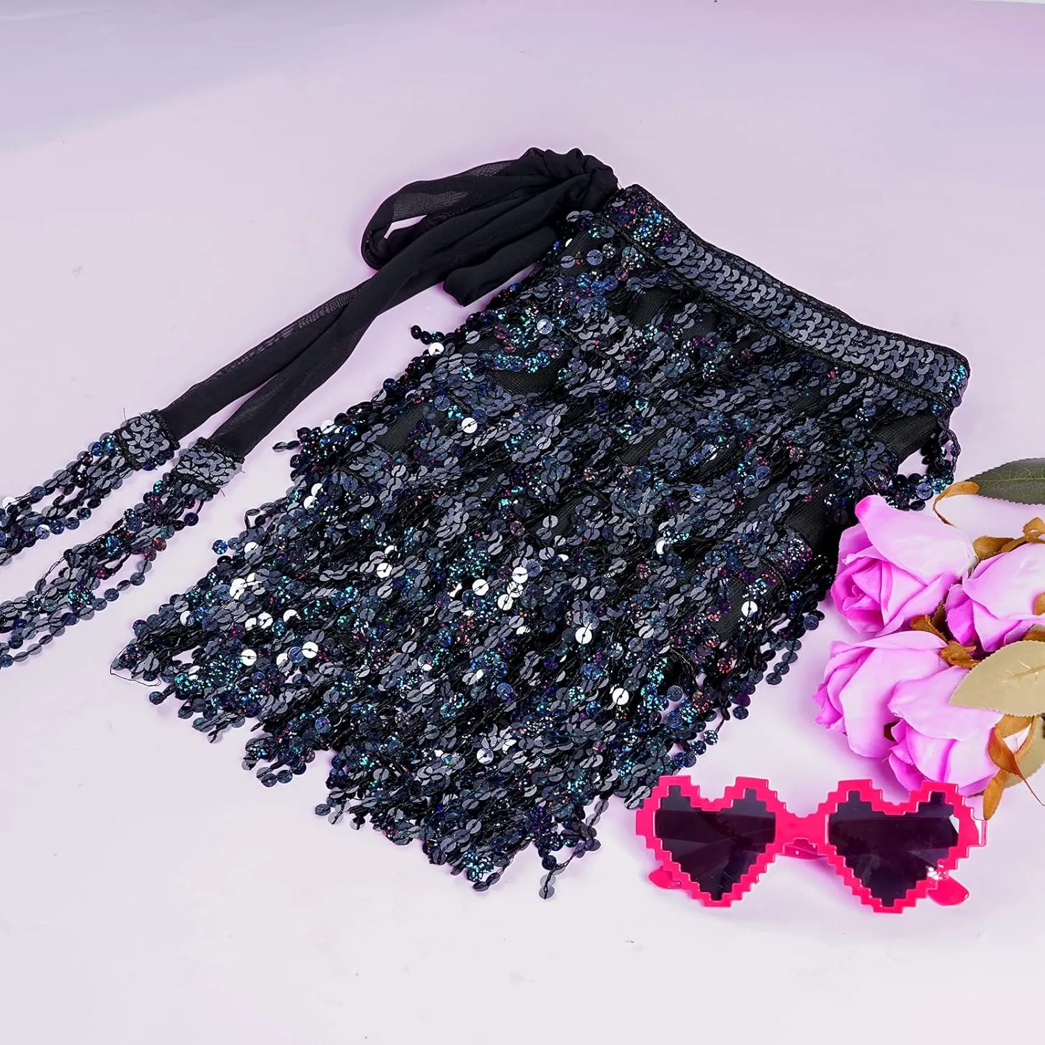 Belly Dance Hip Scarf Sequin Tassel Skirt Wrap Sparkly Rave Costume for Women