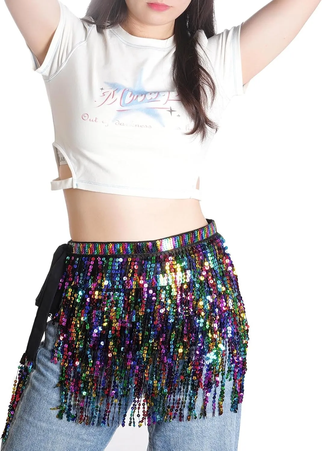 Belly Dance Hip Scarf Sequin Tassel Skirt Wrap Sparkly Rave Costume for Women