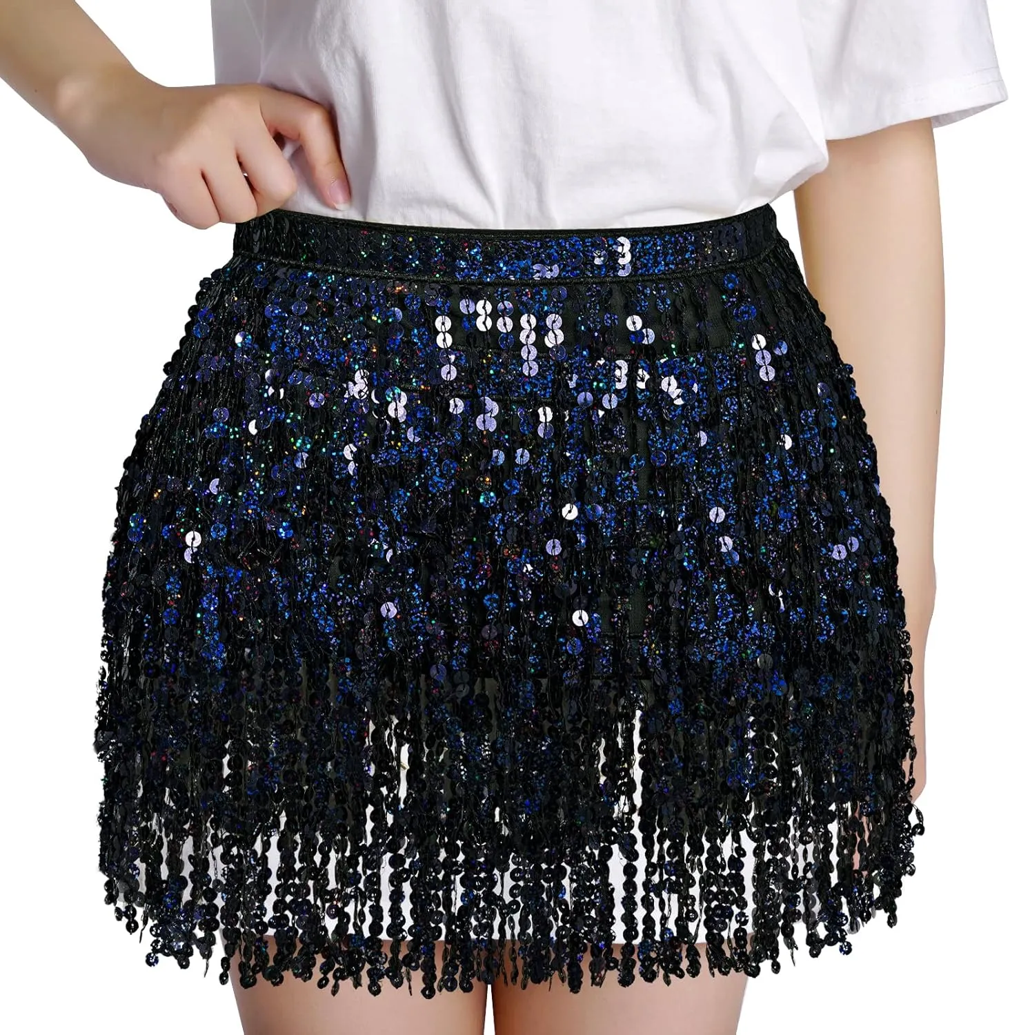 Belly Dance Hip Scarf Sequin Tassel Skirt Wrap Sparkly Rave Costume for Women