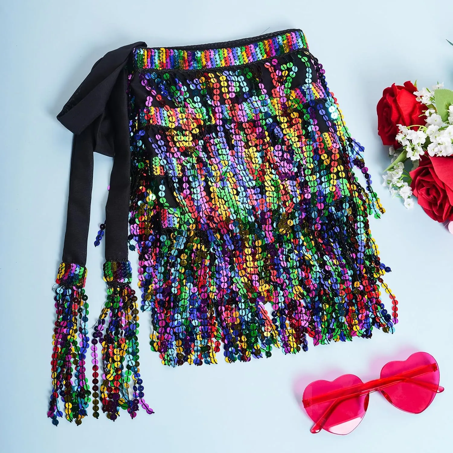 Belly Dance Hip Scarf Sequin Tassel Skirt Wrap Sparkly Rave Costume for Women