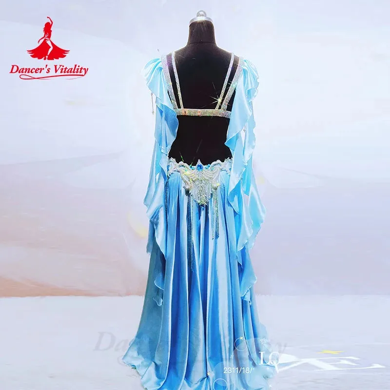 Belly Dance Perpormance Costume Suit for Women Senior AB Stones Bra satin Split Long Skirt 2pcs Oriental Belly Dancing Outfit