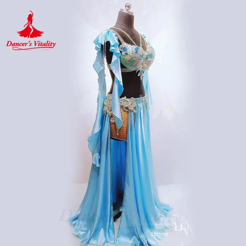 Belly Dance Perpormance Costume Suit for Women Senior AB Stones Bra satin Split Long Skirt 2pcs Oriental Belly Dancing Outfit